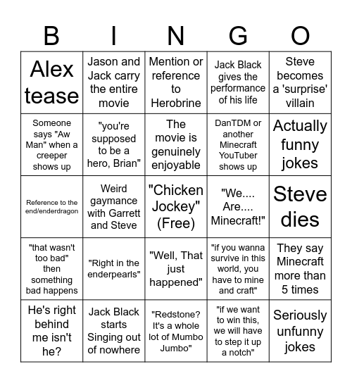 Minecraft Movie Bingo Card