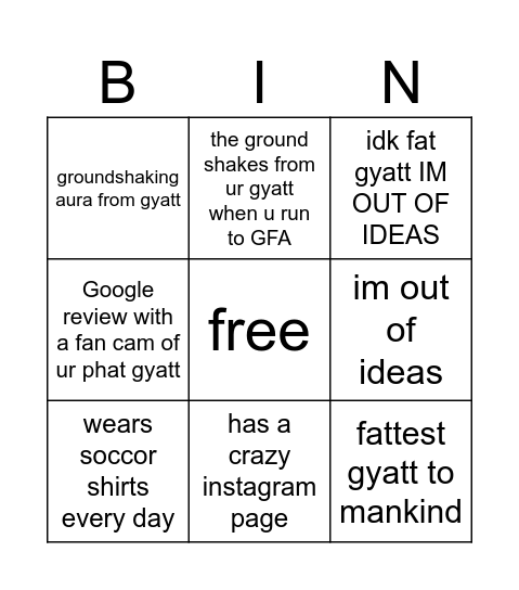 Tony Fu Gyatt Bingo Card