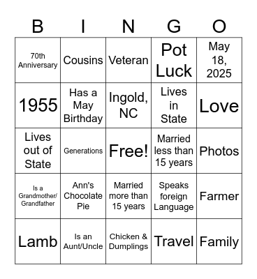 Lamb Family Bingo Card