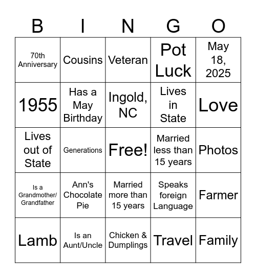 Lamb Family Bingo Card