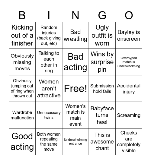 Women’s WWE Matches Bingo Card