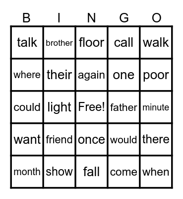 sight words Bingo Card