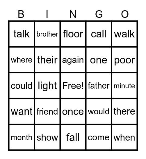 sight words Bingo Card
