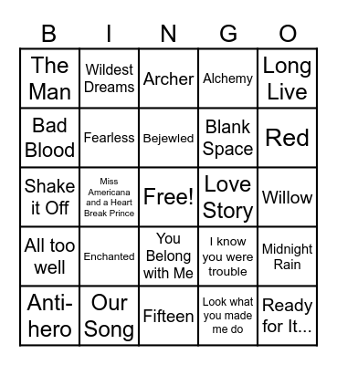 Taylor Swift Music Bingo Card