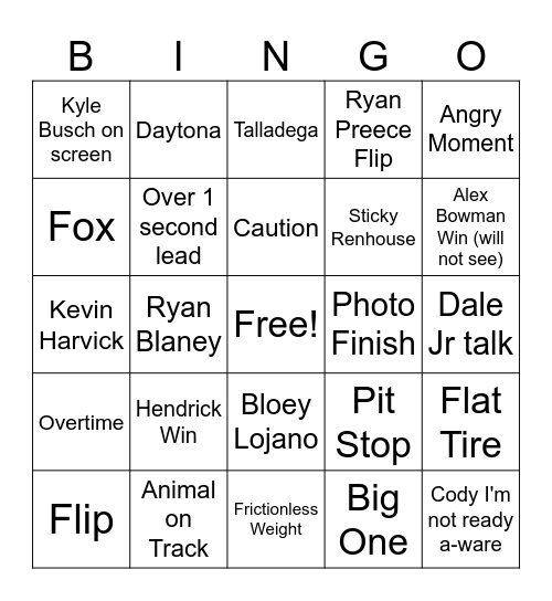nascar bingo Card