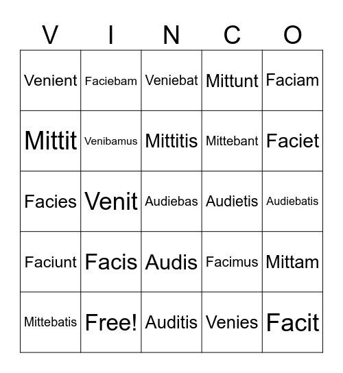3rd, 3rd IO, 4th Conjugation Verbs Bingo Card