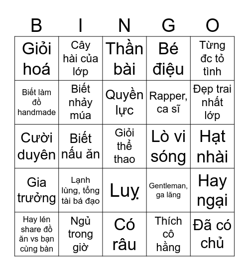 Boy lớp mình Bingo Card