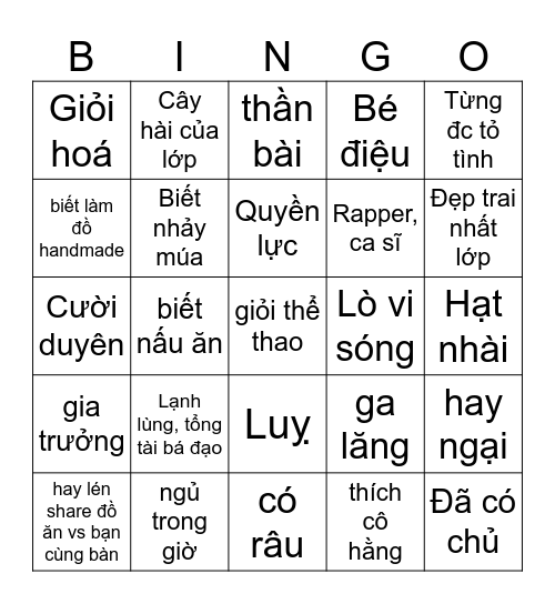 Boy lớp mình Bingo Card