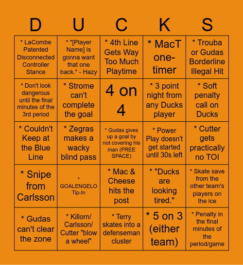 Anaheim Ducks Hockey on Victory Plus Bingo Card