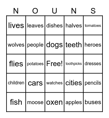 I can review my regular and irregular nouns! Bingo Card