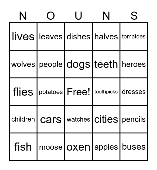 I can review my regular and irregular nouns! Bingo Card