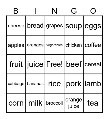 Food Vocabulary Bingo Card