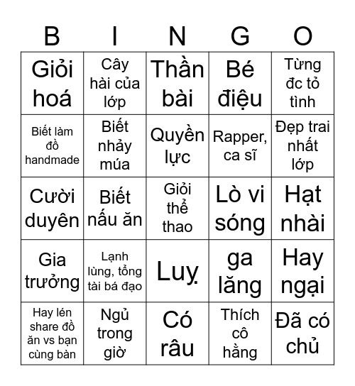Boy lớp mình Bingo Card