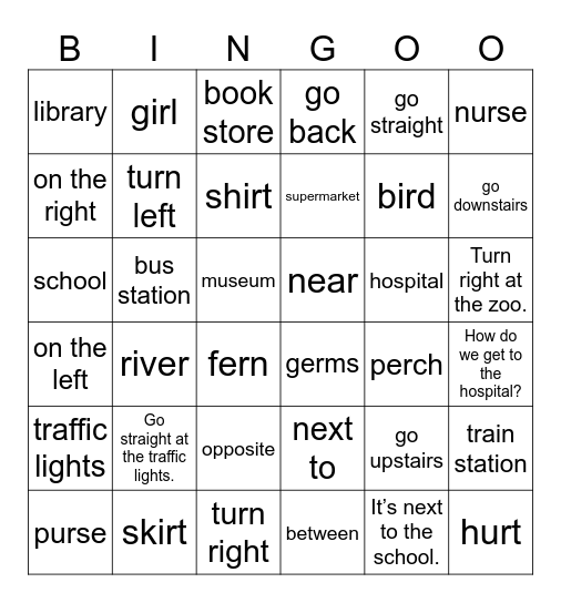 Unit 11 : How do we get to the hospital? Bingo Card