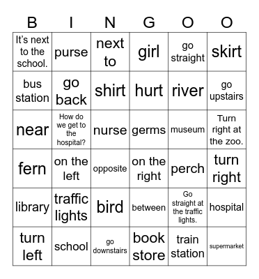 Unit 11 : How do we get to the hospital? Bingo Card