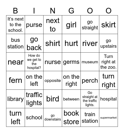 Unit 11 : How do we get to the hospital? Bingo Card