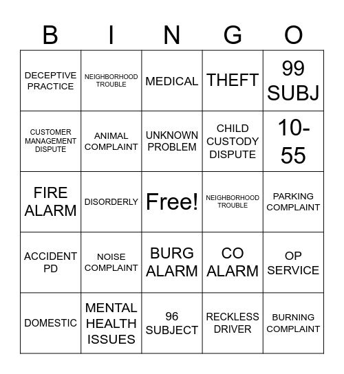 911 DISPATCH BINGO Card