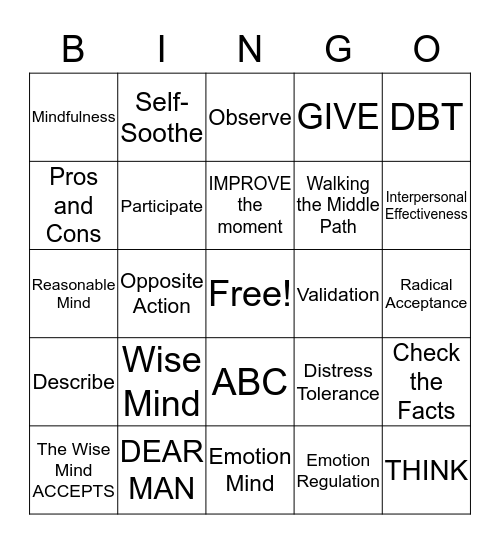 DBT Skills Bingo! Bingo Card