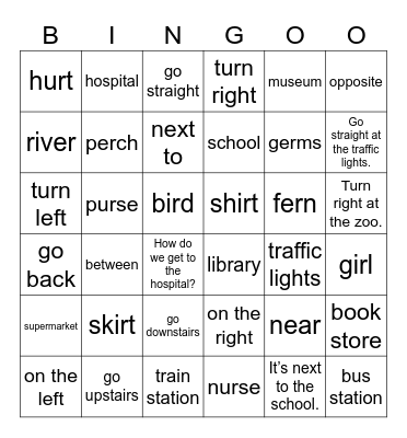 Unit 11: How do we get to the hospital? Bingo Card