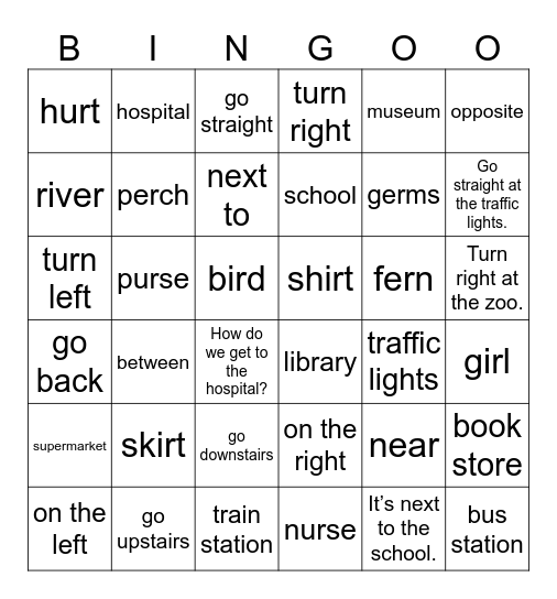 Unit 11: How do we get to the hospital? Bingo Card