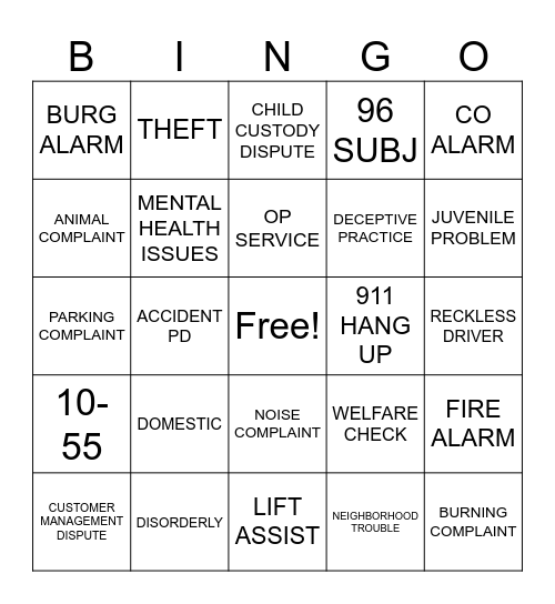 911 DISPATCH BINGO Card