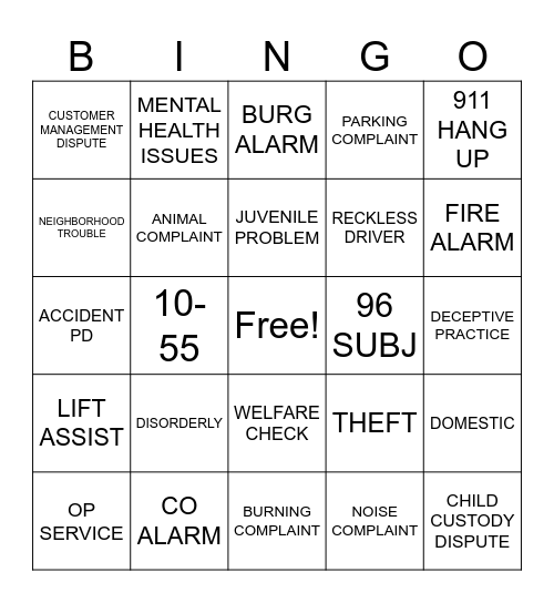 911 DISPATCH BINGO Card