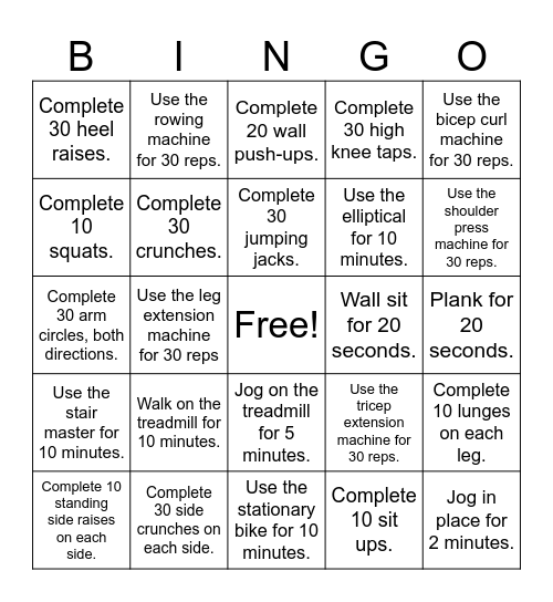 Fitness Bingo: Challenge Yourself!Comple Bingo Card
