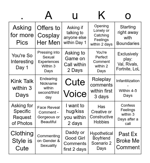 Week One of Talking to Bella Bingo Card