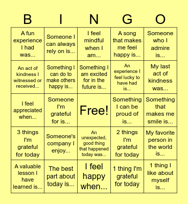 Gratitude Bingo Card