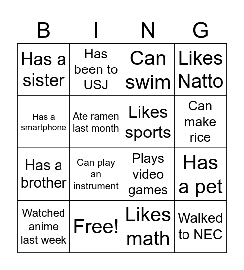 Know Your Classmates! Bingo Card