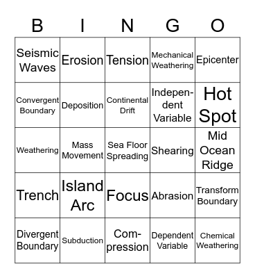 Earth Science Bingo Card