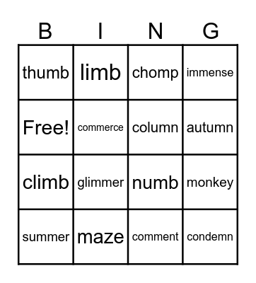 /m/ phoneme Bingo Card