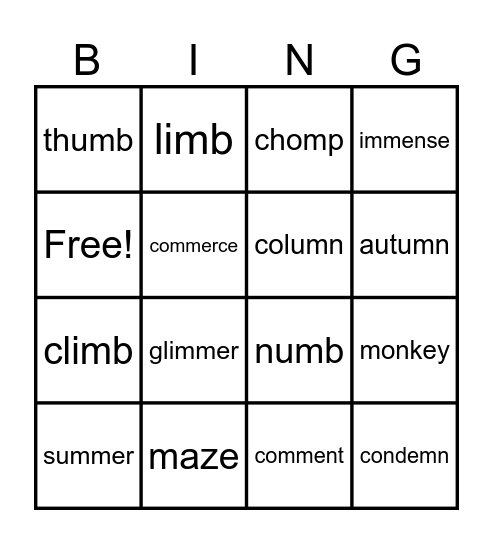 /m/ phoneme Bingo Card