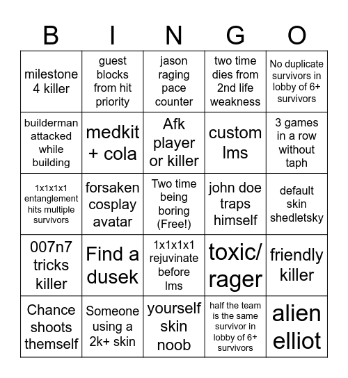 Forsaken Roblox Bingo but its good Bingo Card