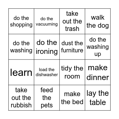 Housework Bingo Card