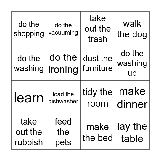 Housework Bingo Card