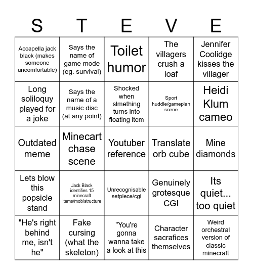 Minecraft Movie Bingo Card