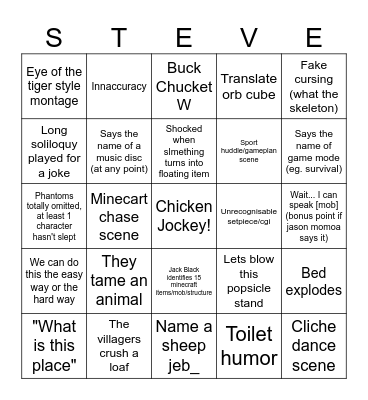 Minecraft Movie Bingo Card