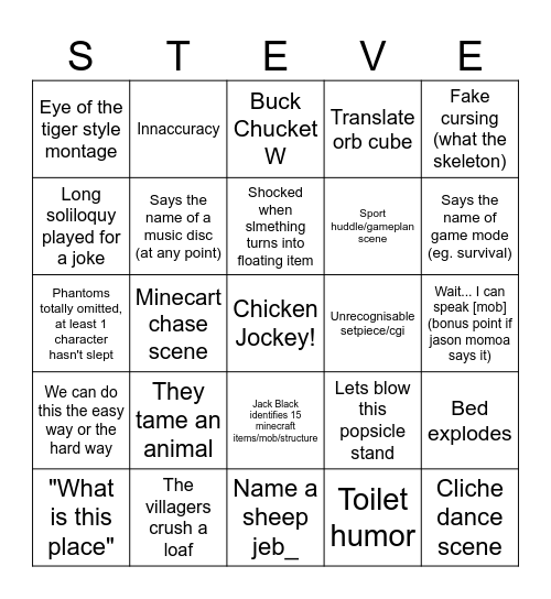 Minecraft Movie Bingo Card