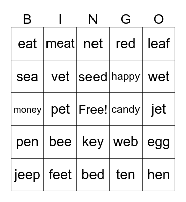 Short & Long Ee Bingo Card