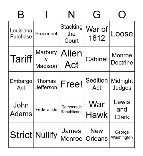 First Five Presidents Bingo Card