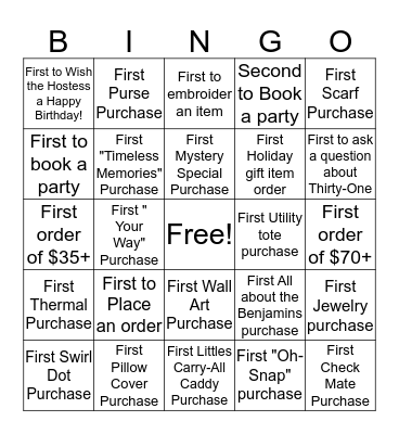 Thirty-One Bingo Card