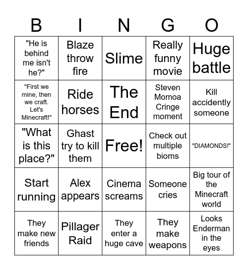 "Minecraft Movie" Bingo Card