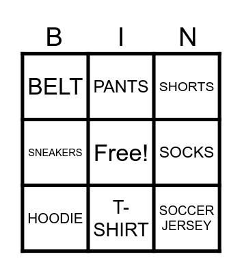 Clothes Bingo Card