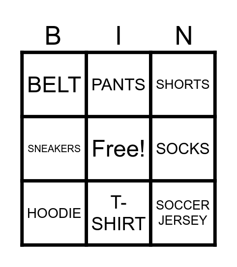 Clothes Bingo Card