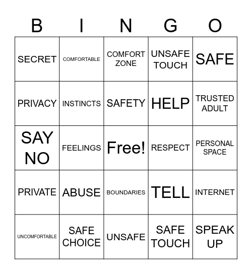 Safety Bingo Card