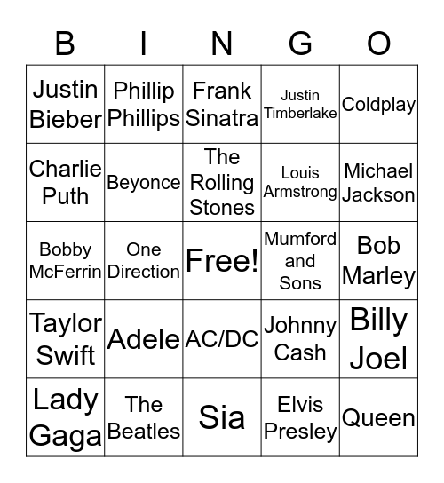 Music Artist Bingo Card