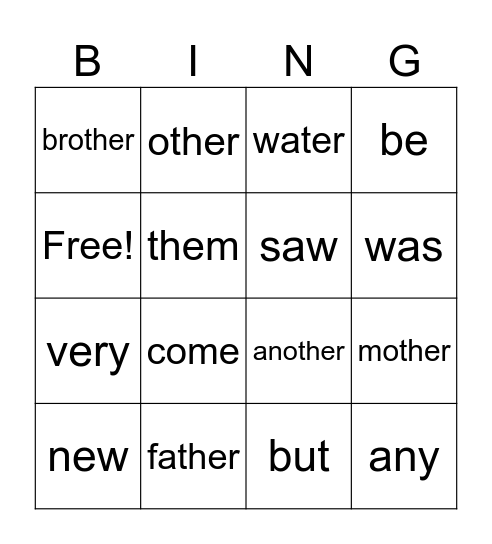 Sight Words Bingo Card