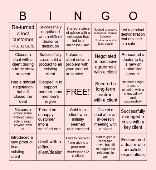 Cowhouse Sales Bingo Card
