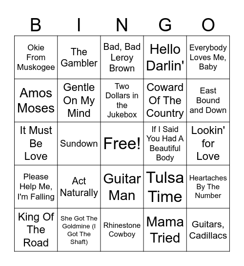 Rhinestone Cowboy Bingo Card